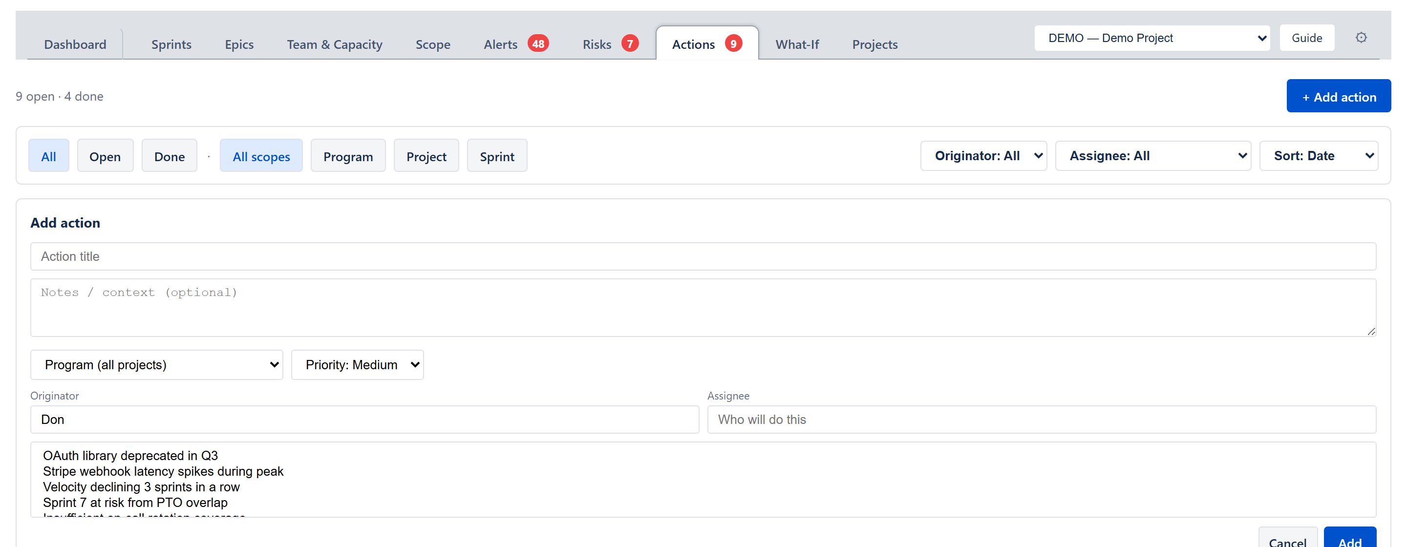 Inline Add action form — action text field, Notes/context, Sprint dropdown, Priority dropdown, Originator and Assignee fields, and a