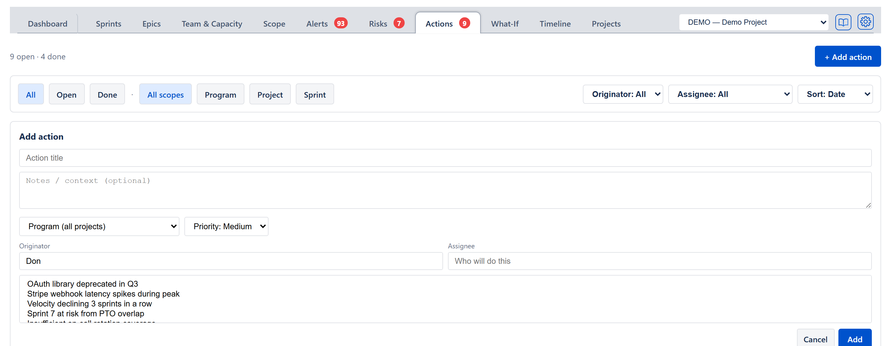 The Add action card — the Action title box, the Notes / context (optional) box, the scope dropdown reading Program (all projects), the Priority: Medium dropdown, the Originator box filled in with the current user and the empty Assignee box, the list box of the project's risks for linking the action to one or more of them, and the Cancel and Add buttons