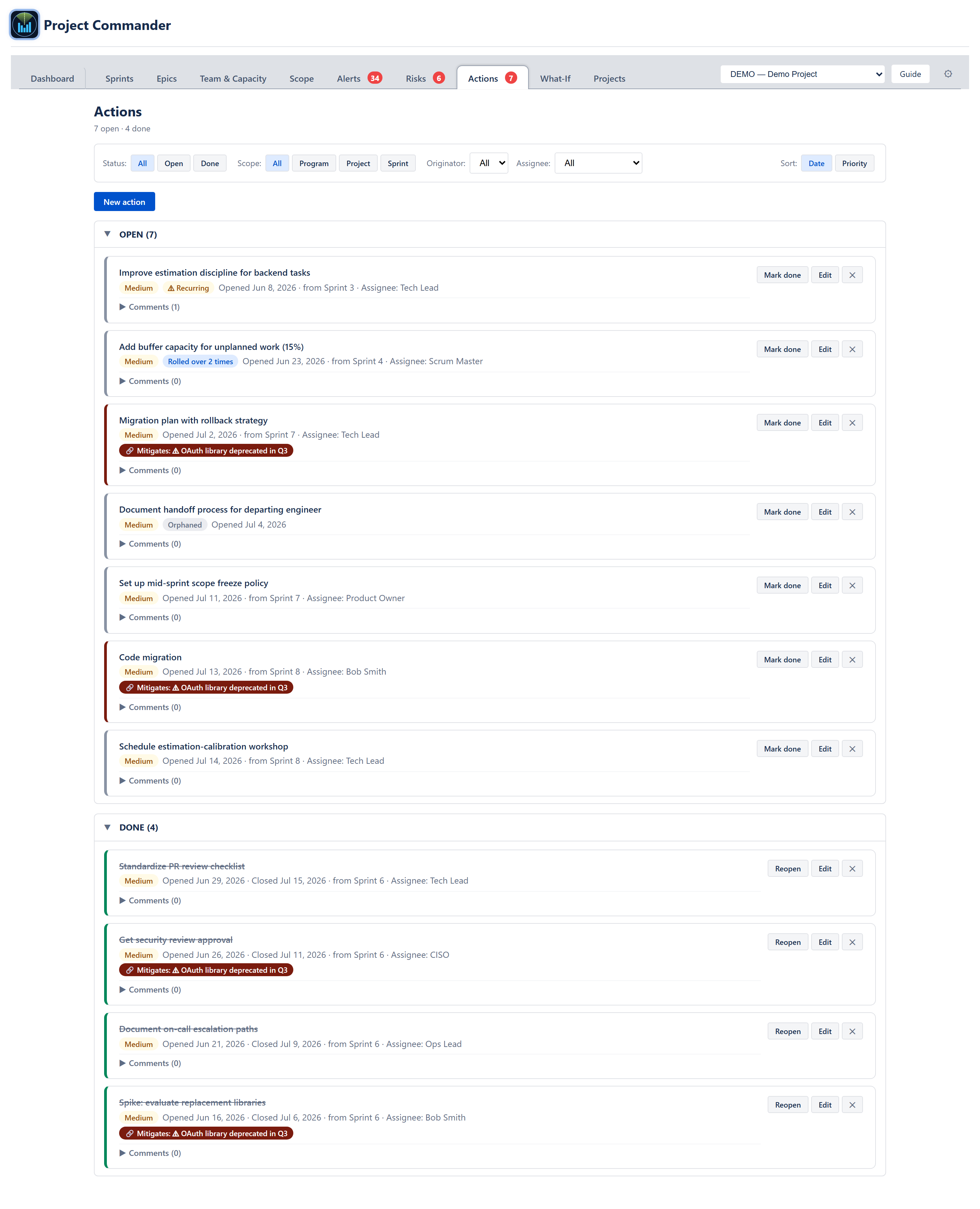 Actions tab — filters, OPEN section with Recurring, Rolled-over, and risk-link badges