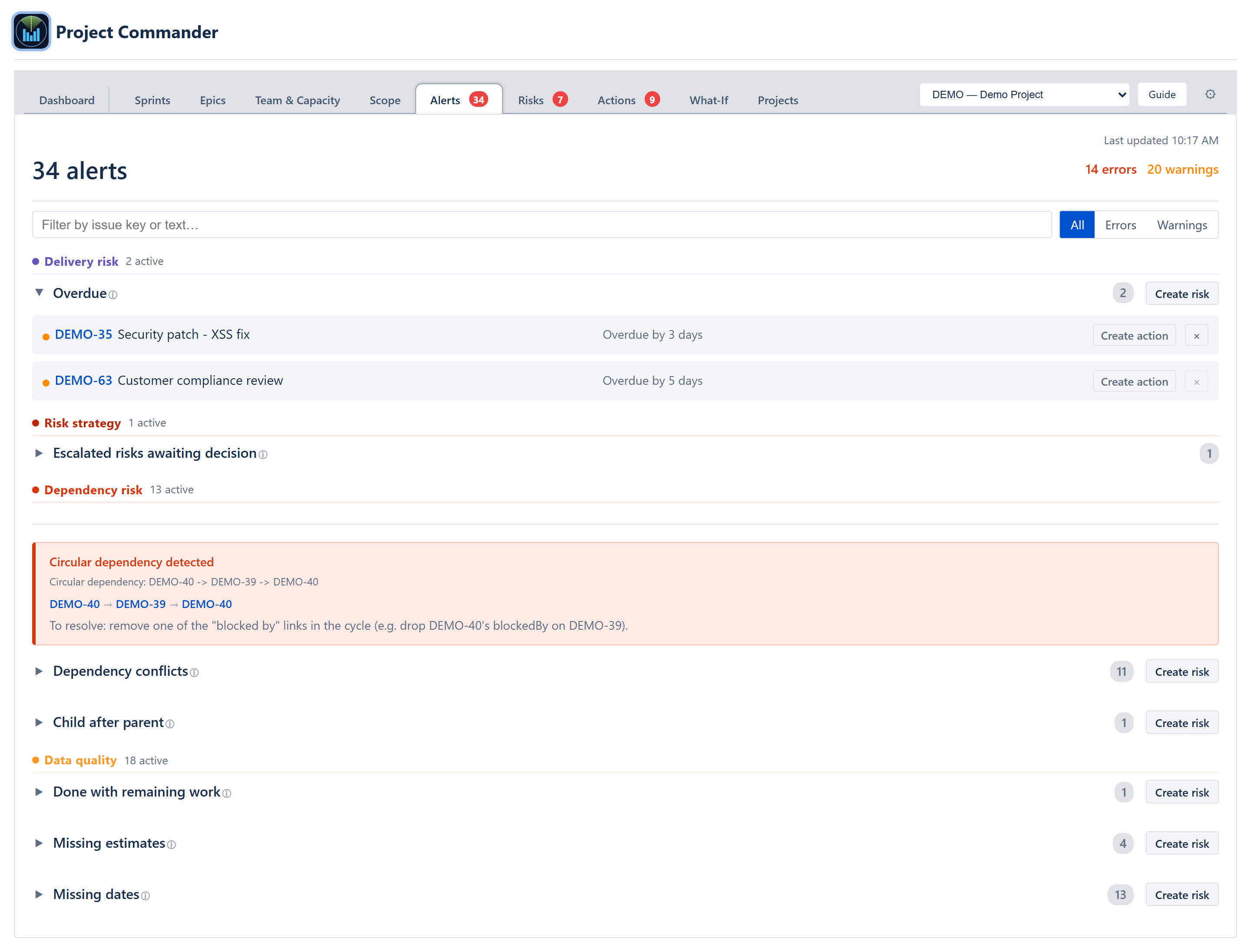 Dependency Conflicts category expanded showing per-issue alert rows with severity dot, issue key, plain-English message (