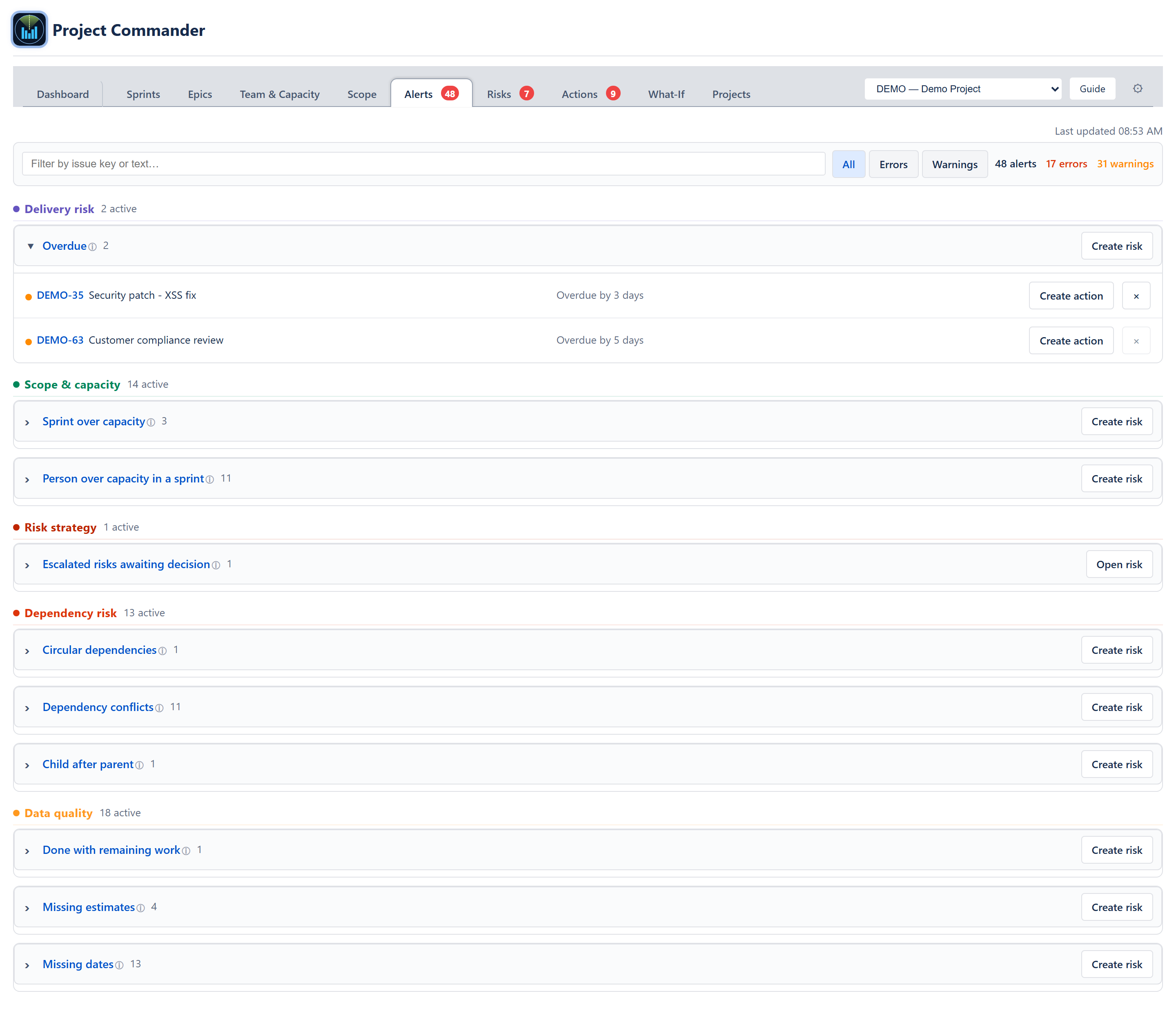 Dependency Conflicts category expanded showing per-issue alert rows with severity dot, issue key, plain-English message (