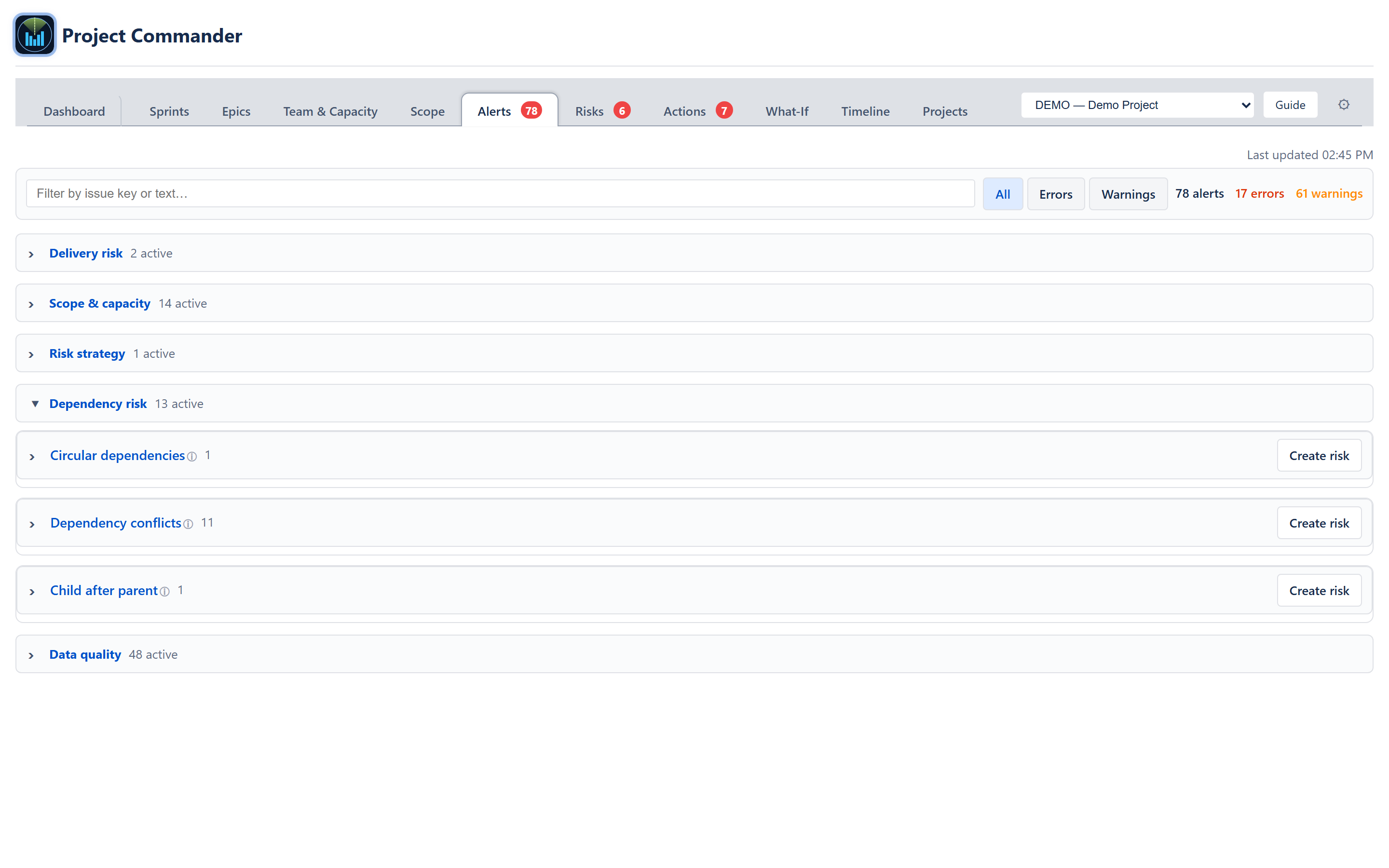 Dependency Conflicts category expanded showing per-issue alert rows with severity dot, issue key, plain-English message (