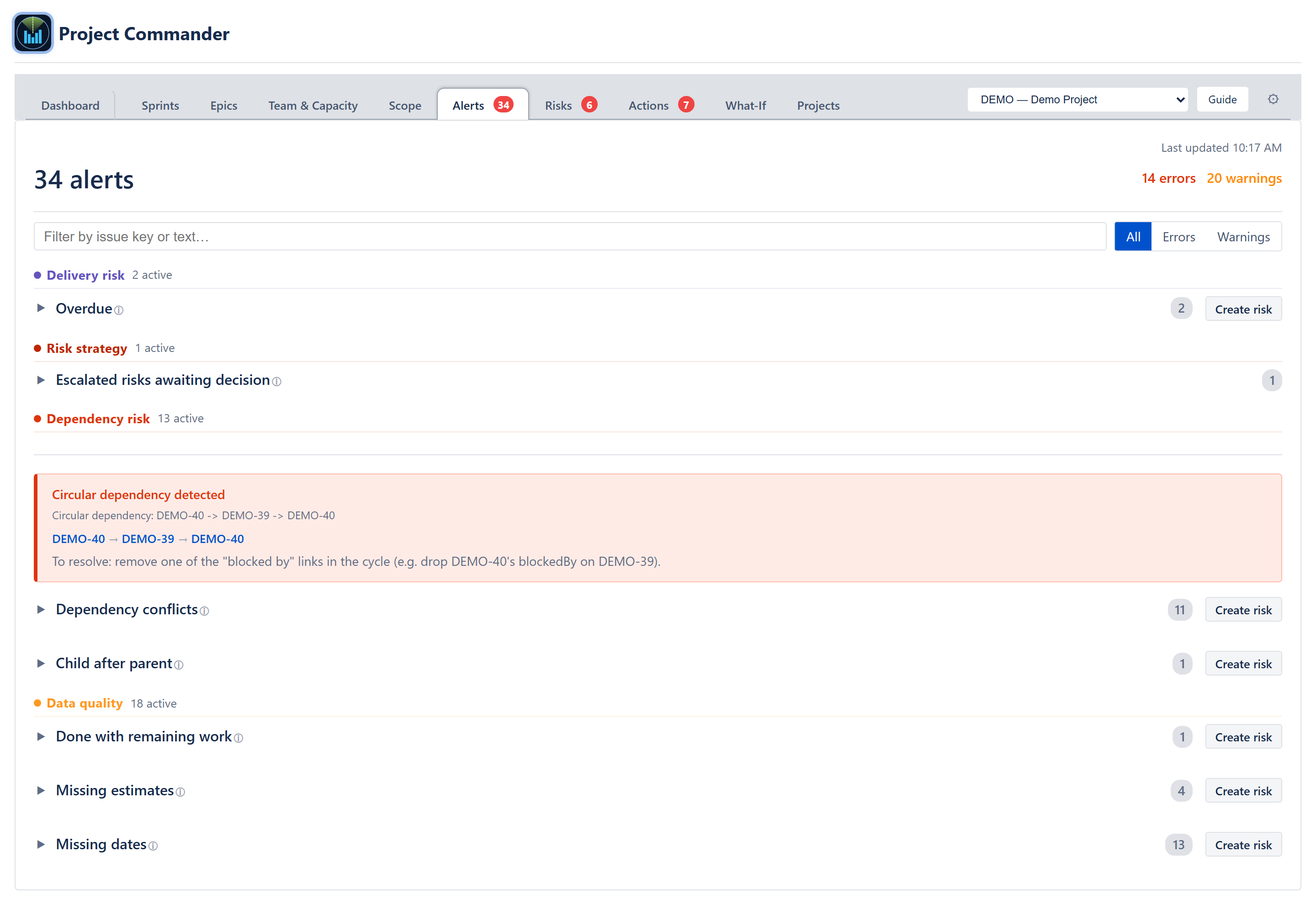 Alerts tab — domain headers, circular dependency, category list with Create risk