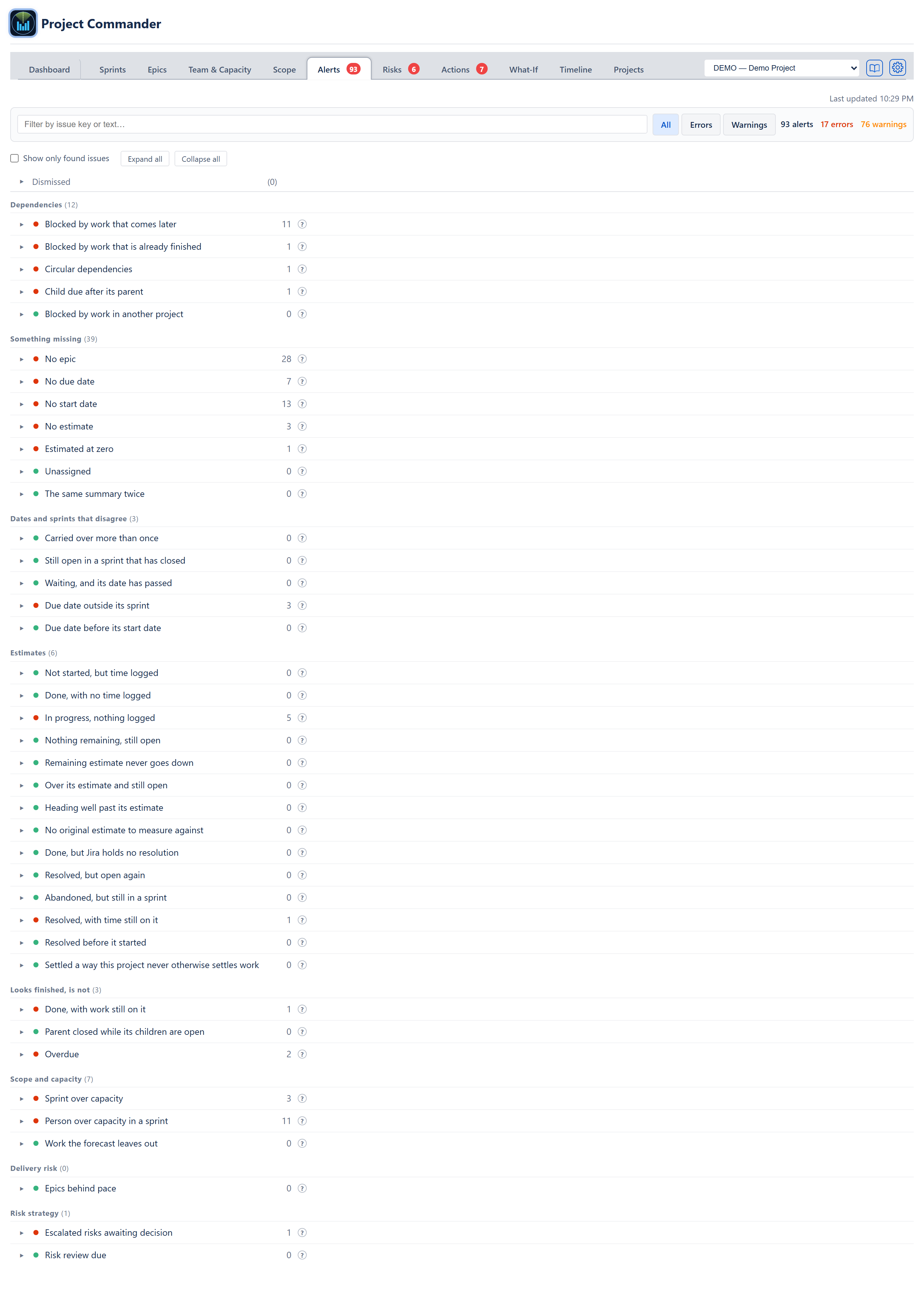 Alerts tab — the filter box, the All / Errors / Warnings buttons and the counts, then every check listed under its group heading with what it found beside it