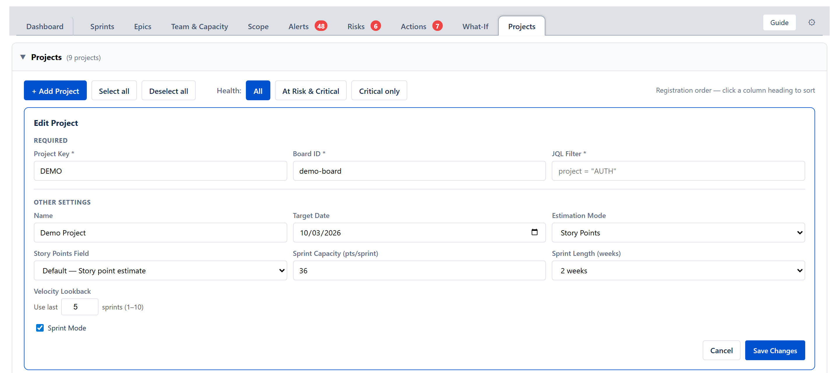 Edit Project form — the same fields as Add, pre-filled with the project's saved settings, including the Story Points Field picker, with Save Changes / Cancel buttons