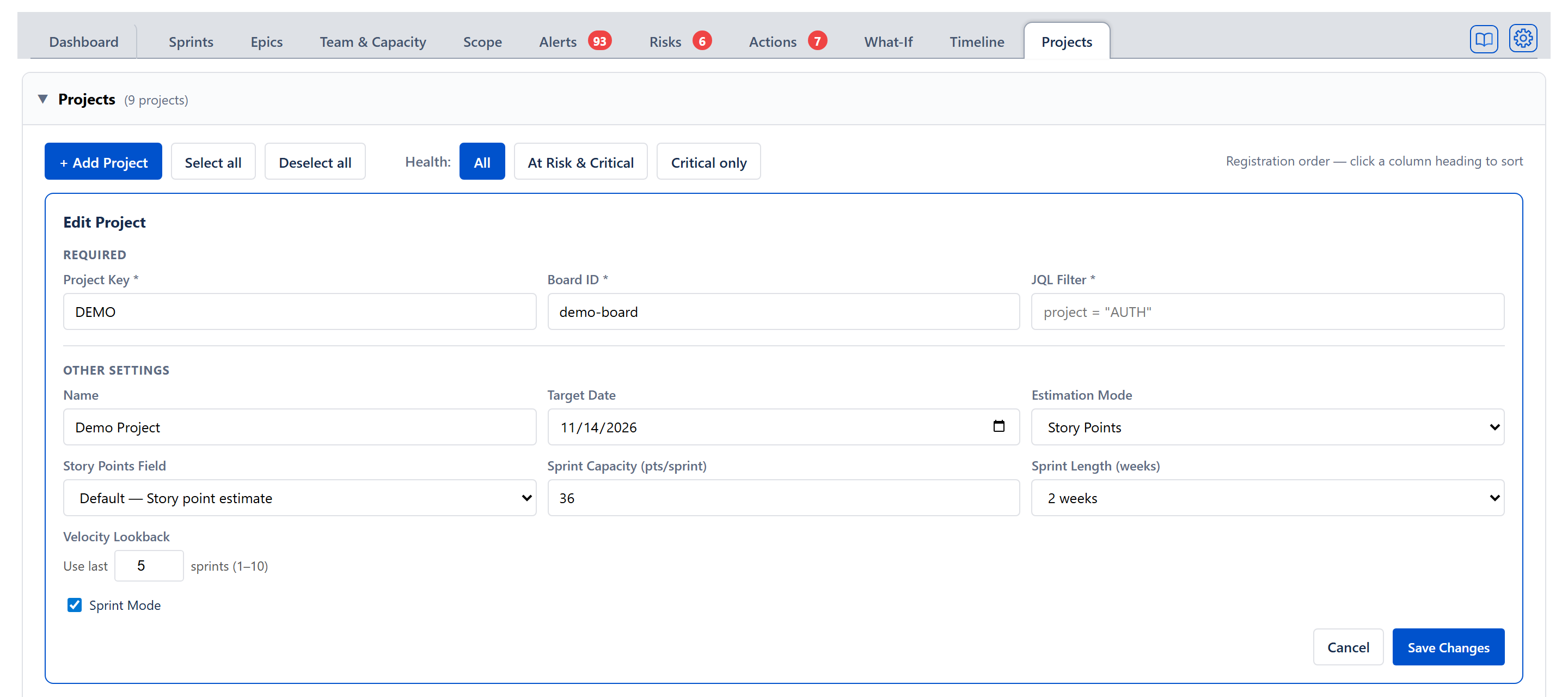 Edit Project form — the same fields as Add, pre-filled with the project's saved settings, including the Story Points Field picker, with Save Changes / Cancel buttons