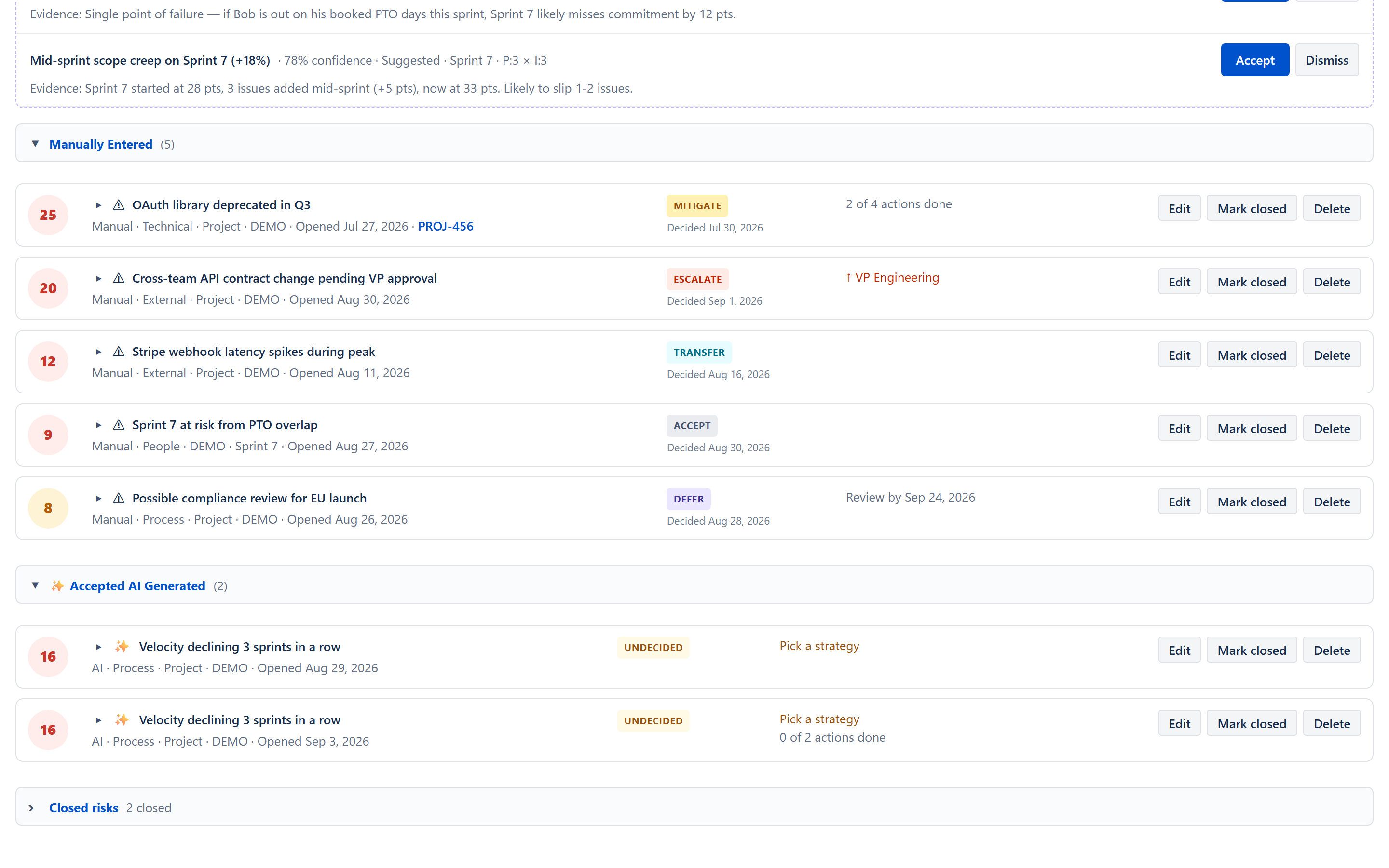 One click after Accept: the suggestion has gone from AI Generated and the risk it created is in the Accepted AI Generated section