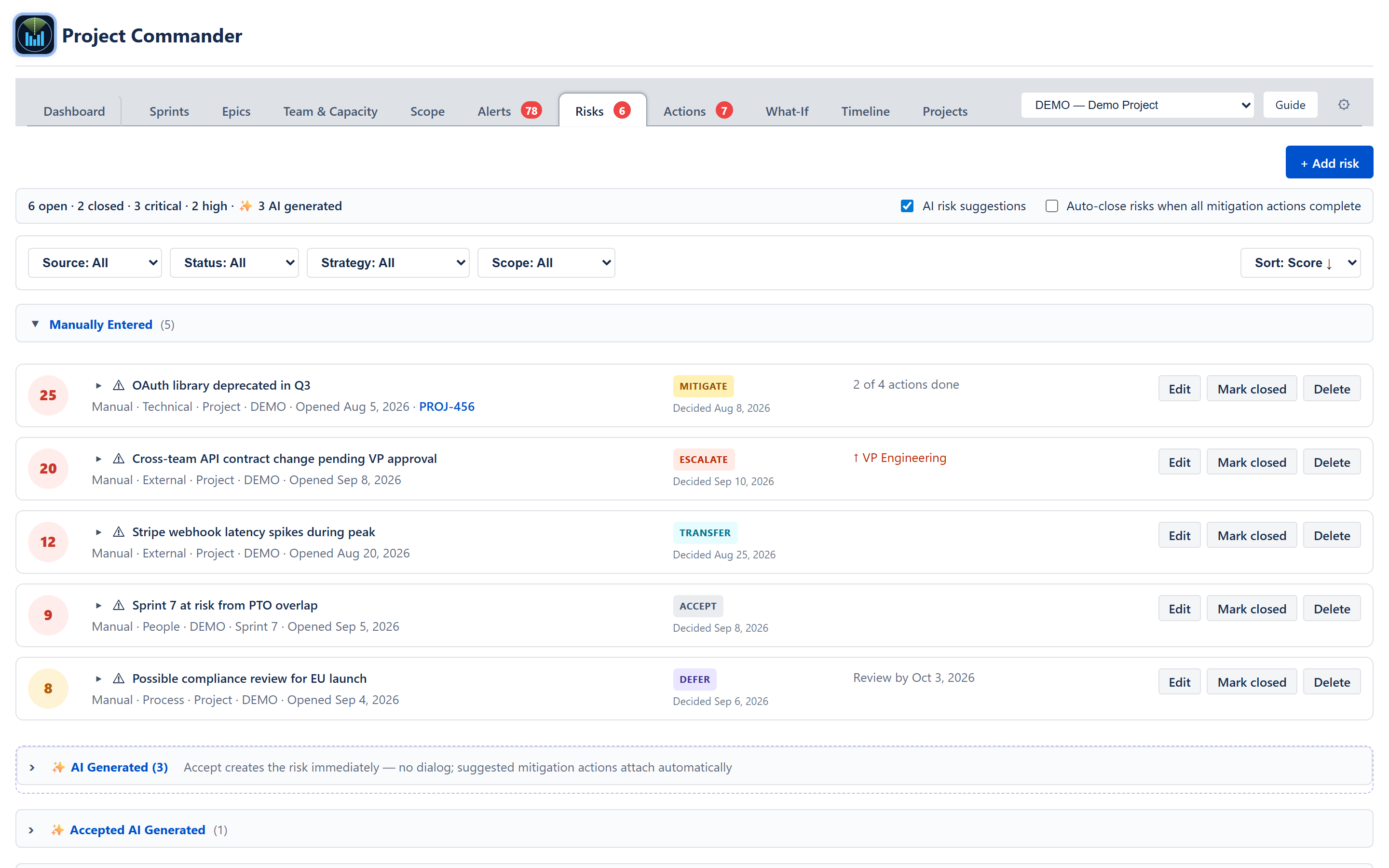 One click after Accept: the suggestion has gone from AI Generated and the risk it created is in the Accepted AI Generated section