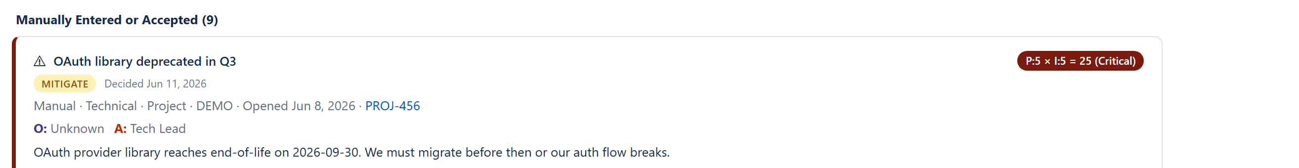 Manually Entered risks with Critical / High severity bands, RACI line, mitigation actions checklist (with done items struck through), per-action owner and sprint, and Edit / Mark closed / Delete buttons