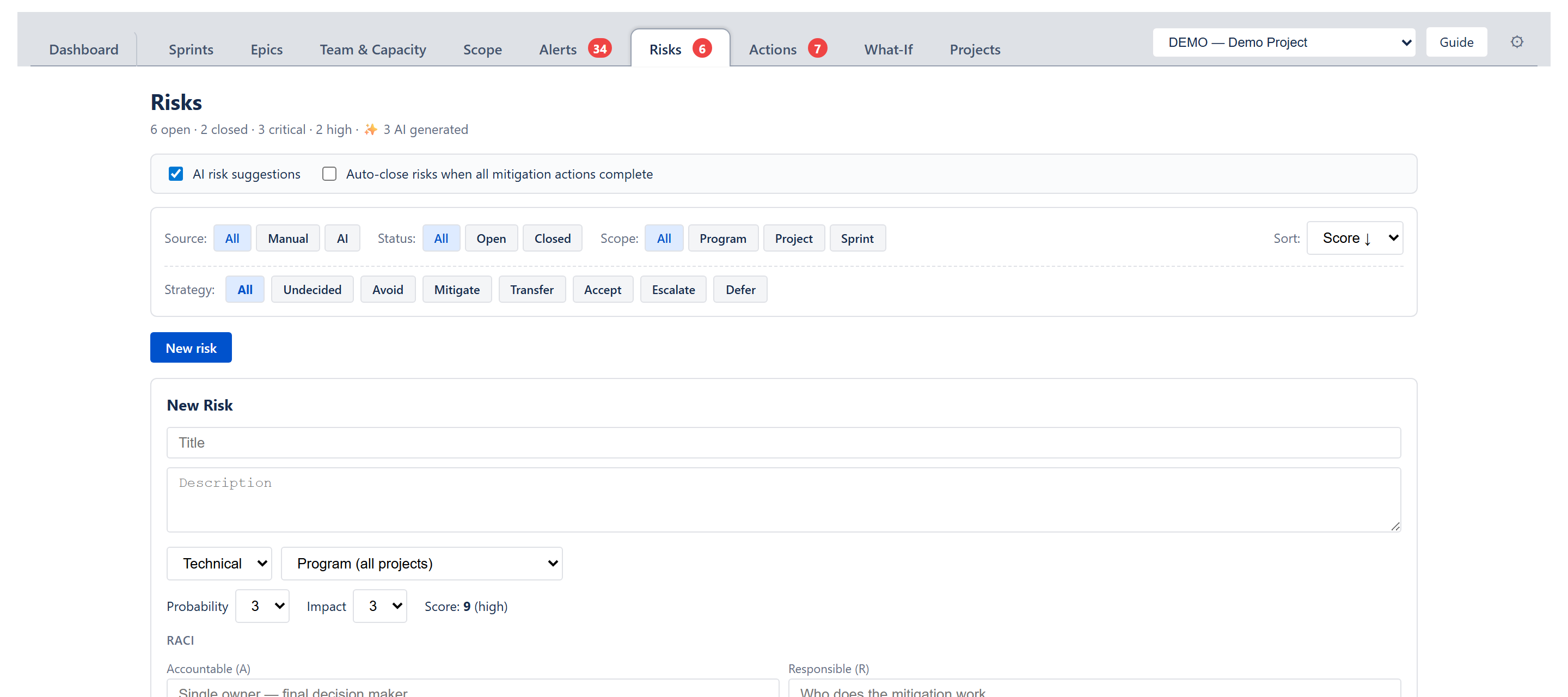 New Risk dialog — Title and Description fields, Category dropdown, Scope dropdown (Program / Project / Sprint), Probability and Impact selects with live Score readout, RACI fields (Accountable required, Responsible, Consulted, Informed), Mitigation summary, and Jira issue link field