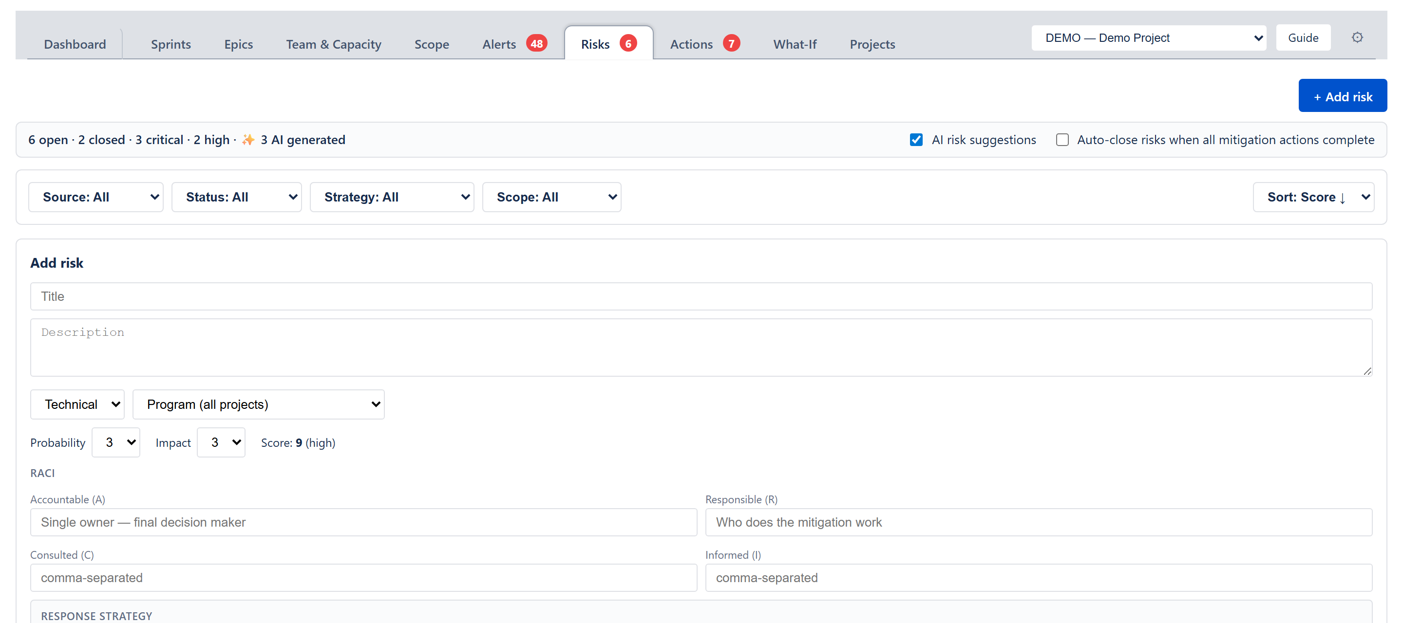 The Add risk form — Title and Description fields, Category dropdown, Scope dropdown (Program / Project / Sprint), Probability and Impact selects with live Score readout, RACI fields (Accountable required, Responsible, Consulted, Informed), Mitigation summary, and Jira issue link field