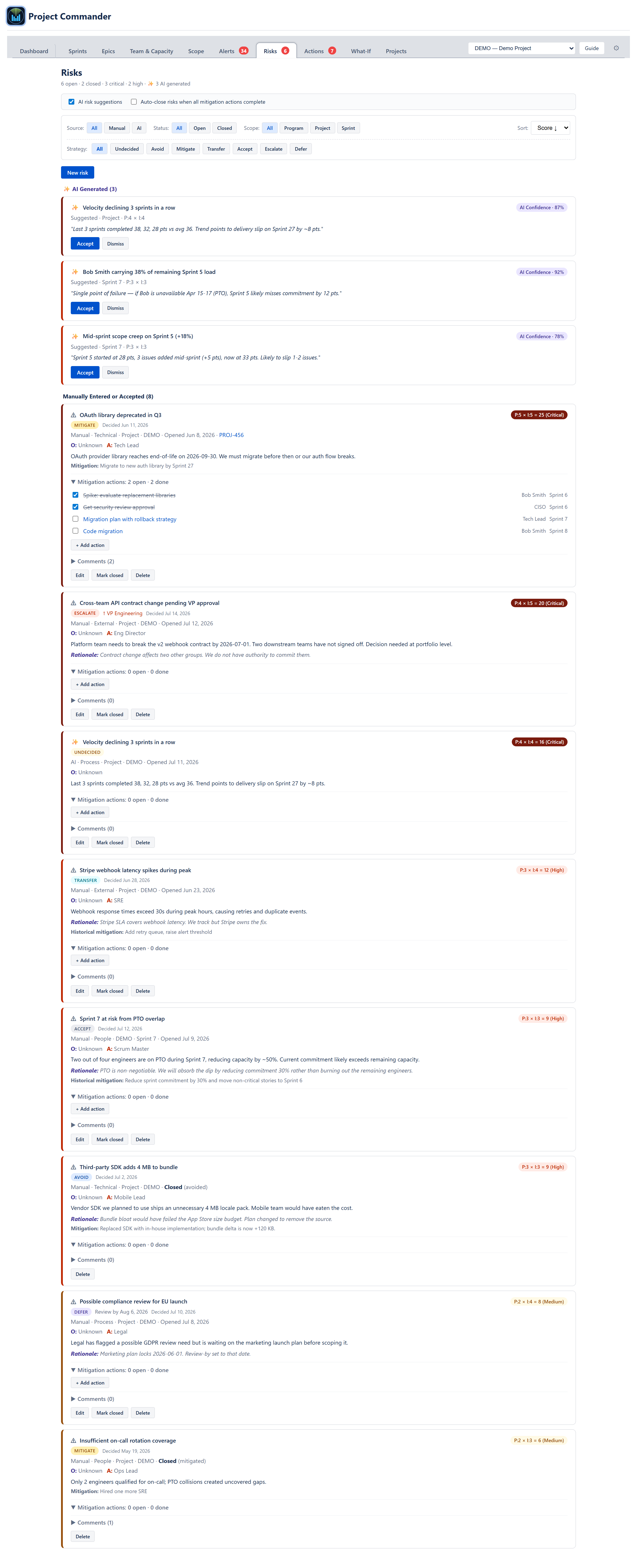 Risks tab — header summary, AI suggestions toggle, filter bar, AI Generated cards