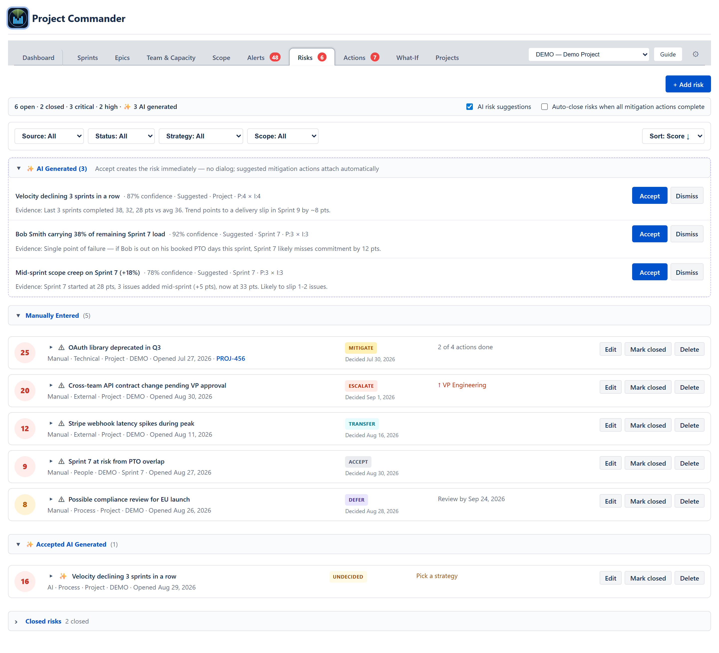 Risks tab — Add risk button, counts and settings bar, five filter dropdowns, and the AI Generated, Manually Entered, Accepted AI Generated and Closed risks sections