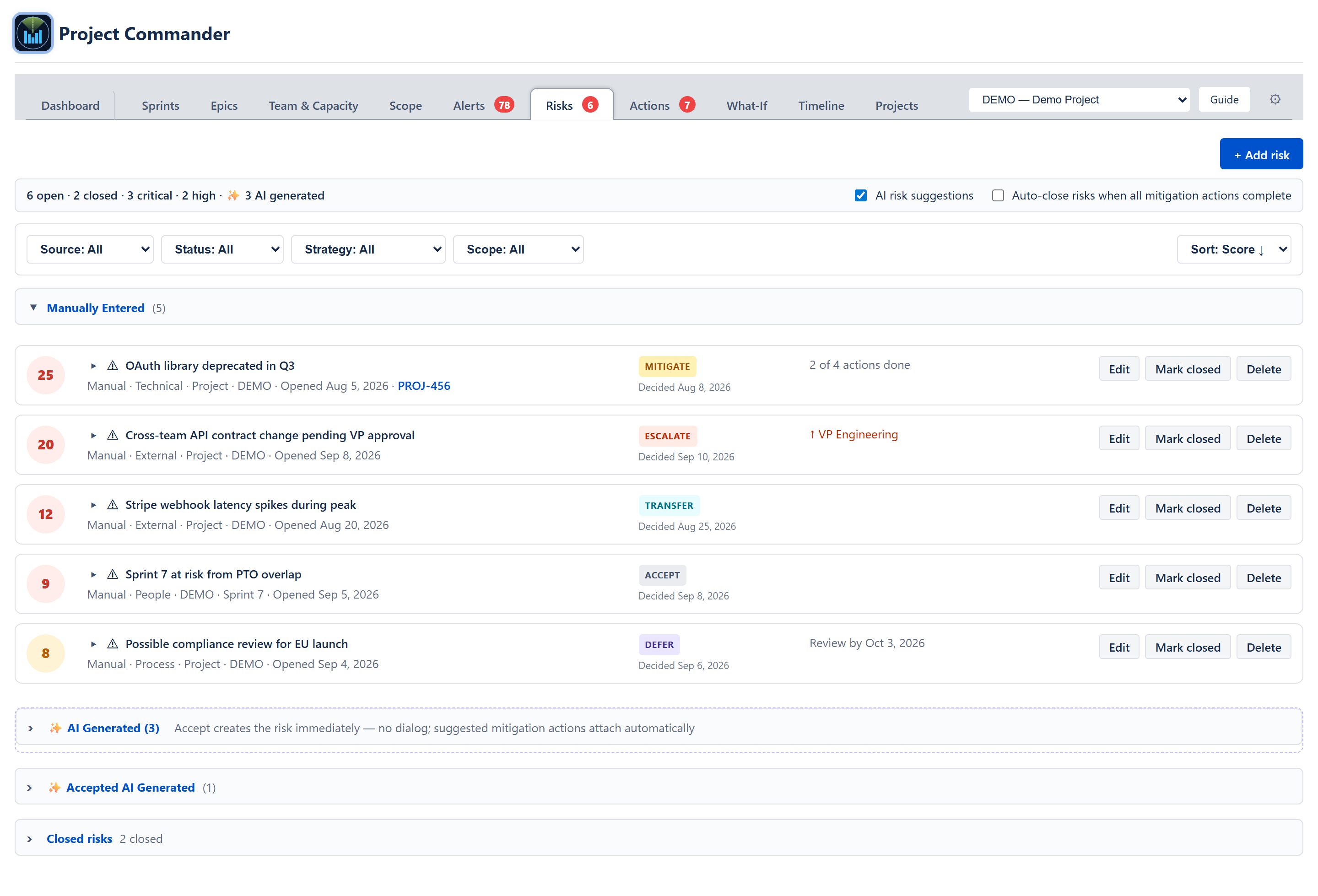 Risks tab — Add risk button, counts and settings bar, five filter dropdowns, and the AI Generated, Manually Entered, Accepted AI Generated and Closed risks sections