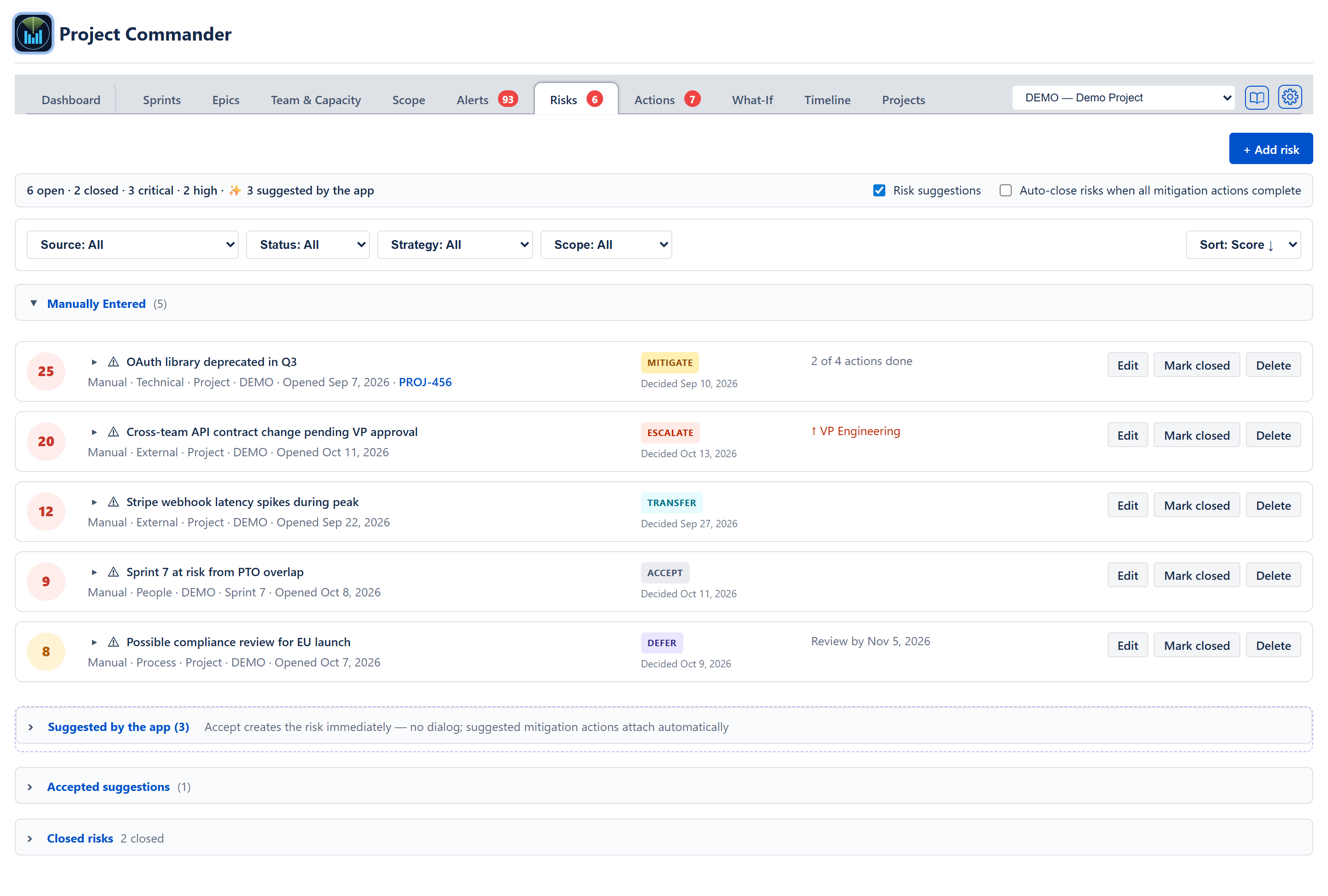 Risks tab — the + Add risk button, the counts and settings bar, the row of five dropdowns (Source, Status, Strategy, Scope and Sort), the opened Manually Entered section, and the folded Suggested by the app, Accepted suggestions and Closed risks sections