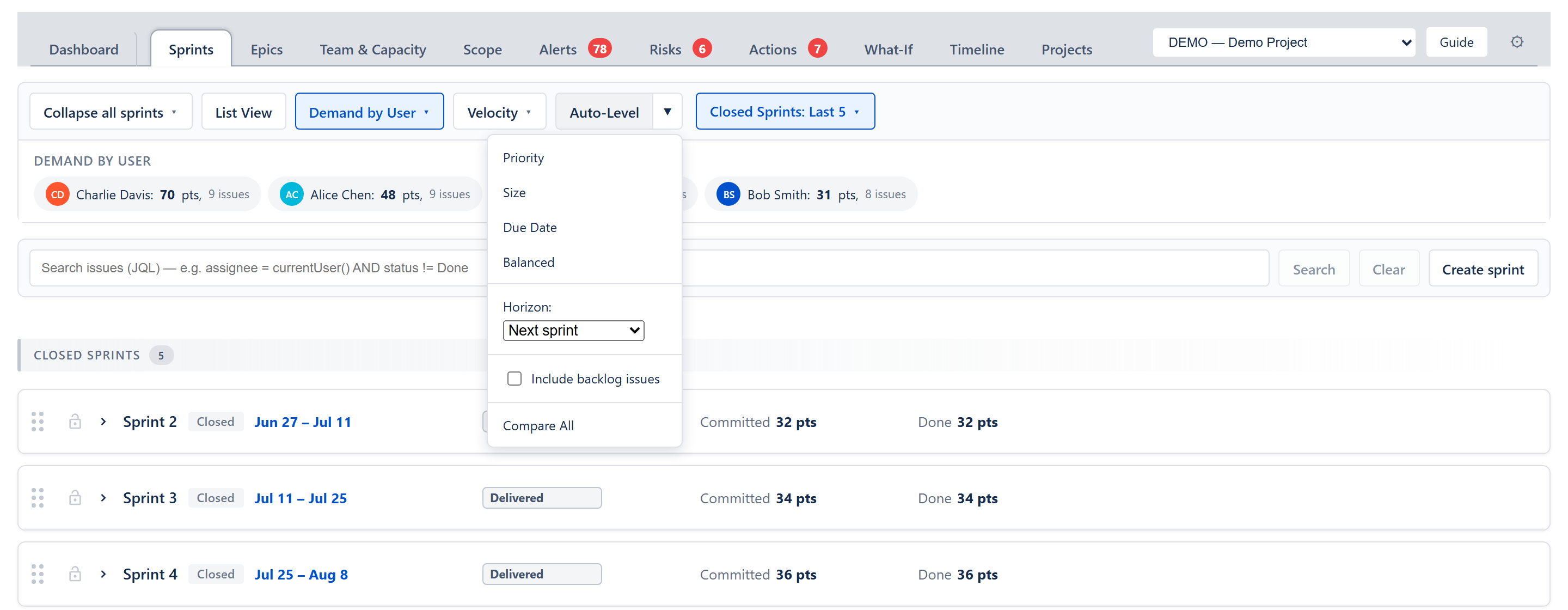 Auto-Level strategy menu — Priority / Size / Due Date / Balanced / Compare All