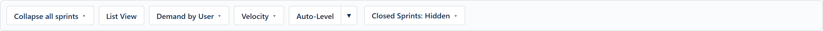 Sprints toolbar — Collapse all sprints, List View, Demand by User, Velocity, Auto-Level, the Closed Sprints dropdown, the issue search, and Create sprint