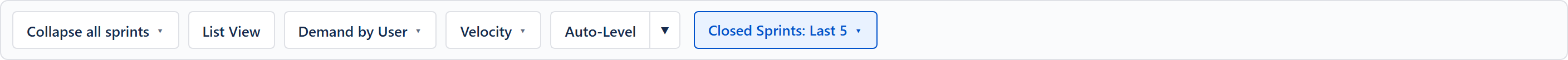 Sprints toolbar — Collapse all sprints, List View, Demand by User, Velocity, Auto-Level, the Closed Sprints dropdown, the issue search, and Create sprint