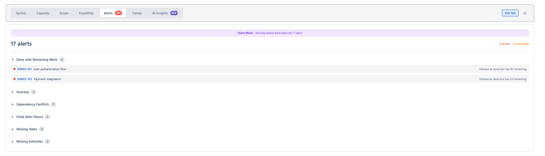 Alerts tab showing 17 alerts across 6 categories with collapsible sections
