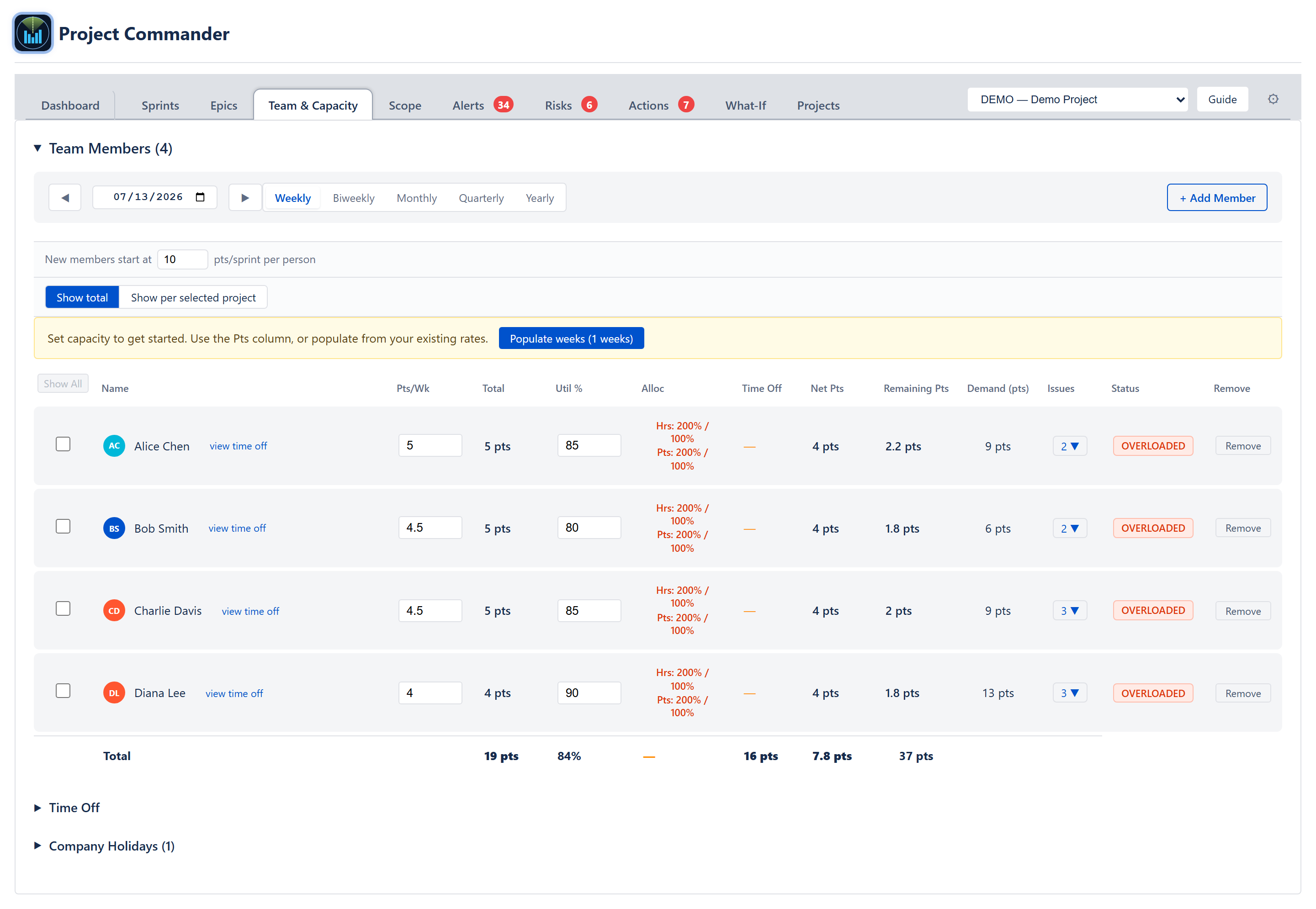 Team & Capacity tab — period selector, member table with capacity and status, and the totals row