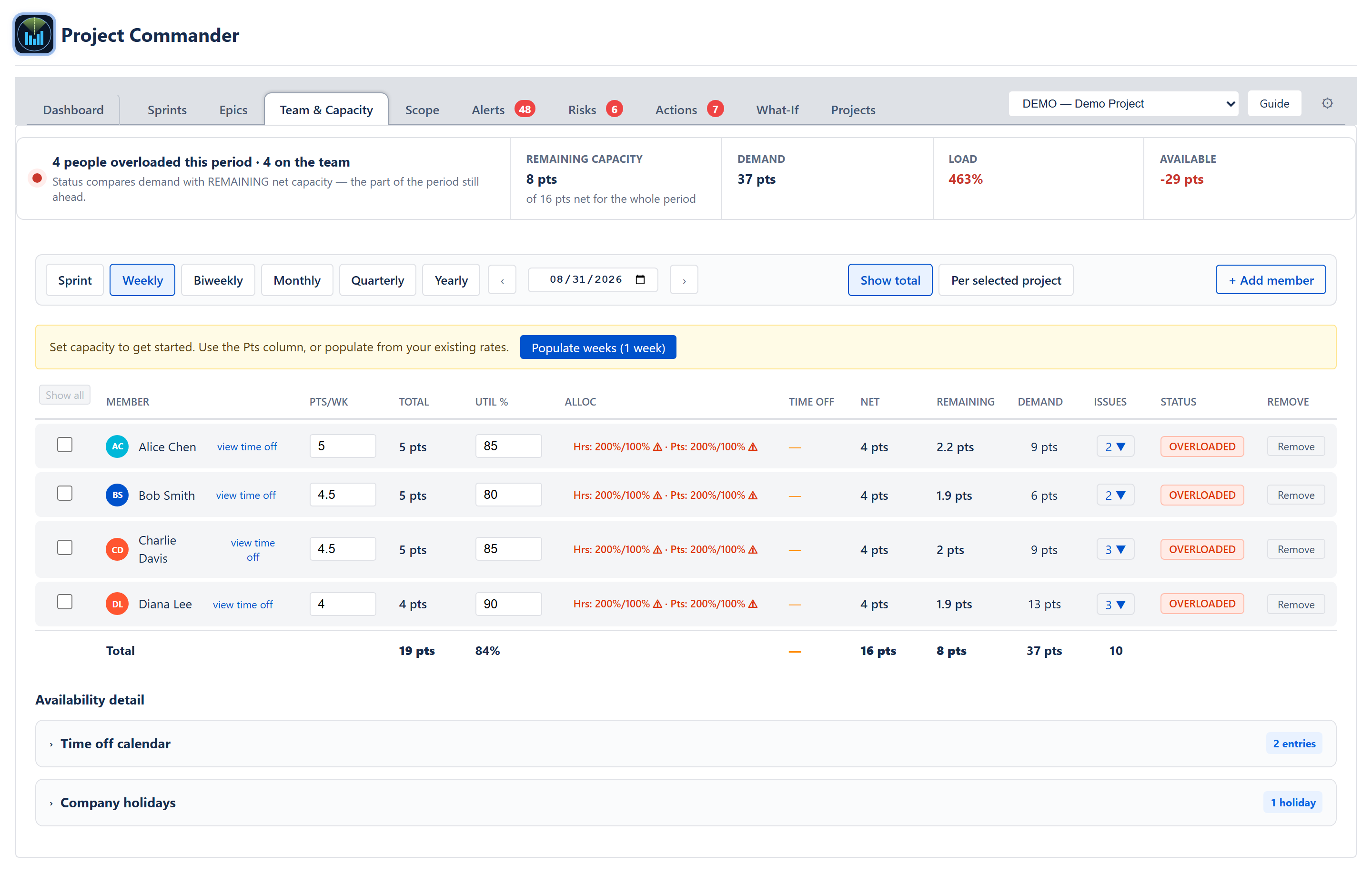 Team & Capacity tab — period selector, member table, status badges, total row