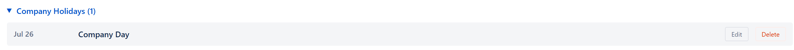 Company Holidays section expanded with the inline Add form — date picker, holiday name field, Yearly checkbox, Add button