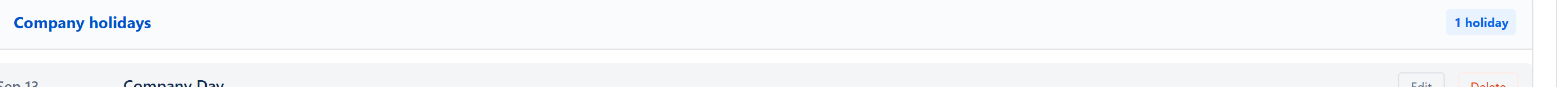 Company Holidays section expanded with the inline Add form — date picker, holiday name field, Yearly checkbox, Add button