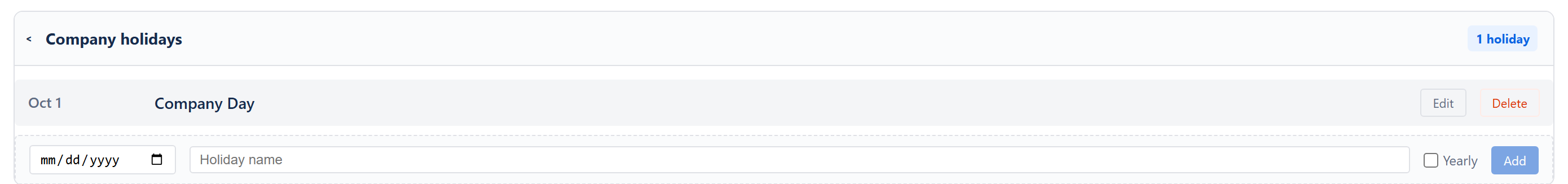 Company Holidays section expanded with the inline Add form — date picker, holiday name field, Yearly checkbox, Add button