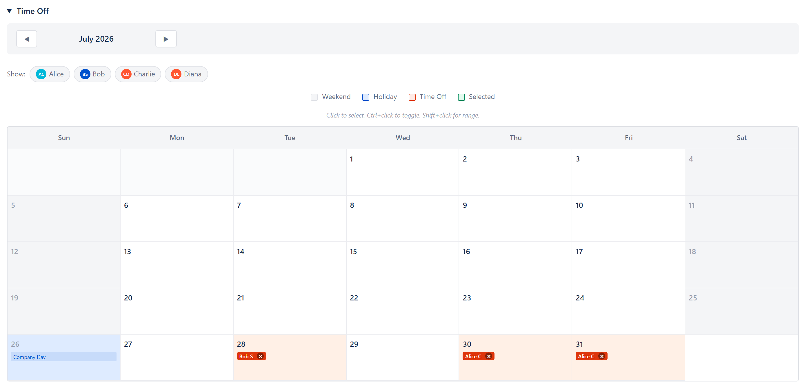 Time Off calendar with member-filter chips, the four-colour day legend (weekend / holiday / time off / selected), and the click-to-select day grid