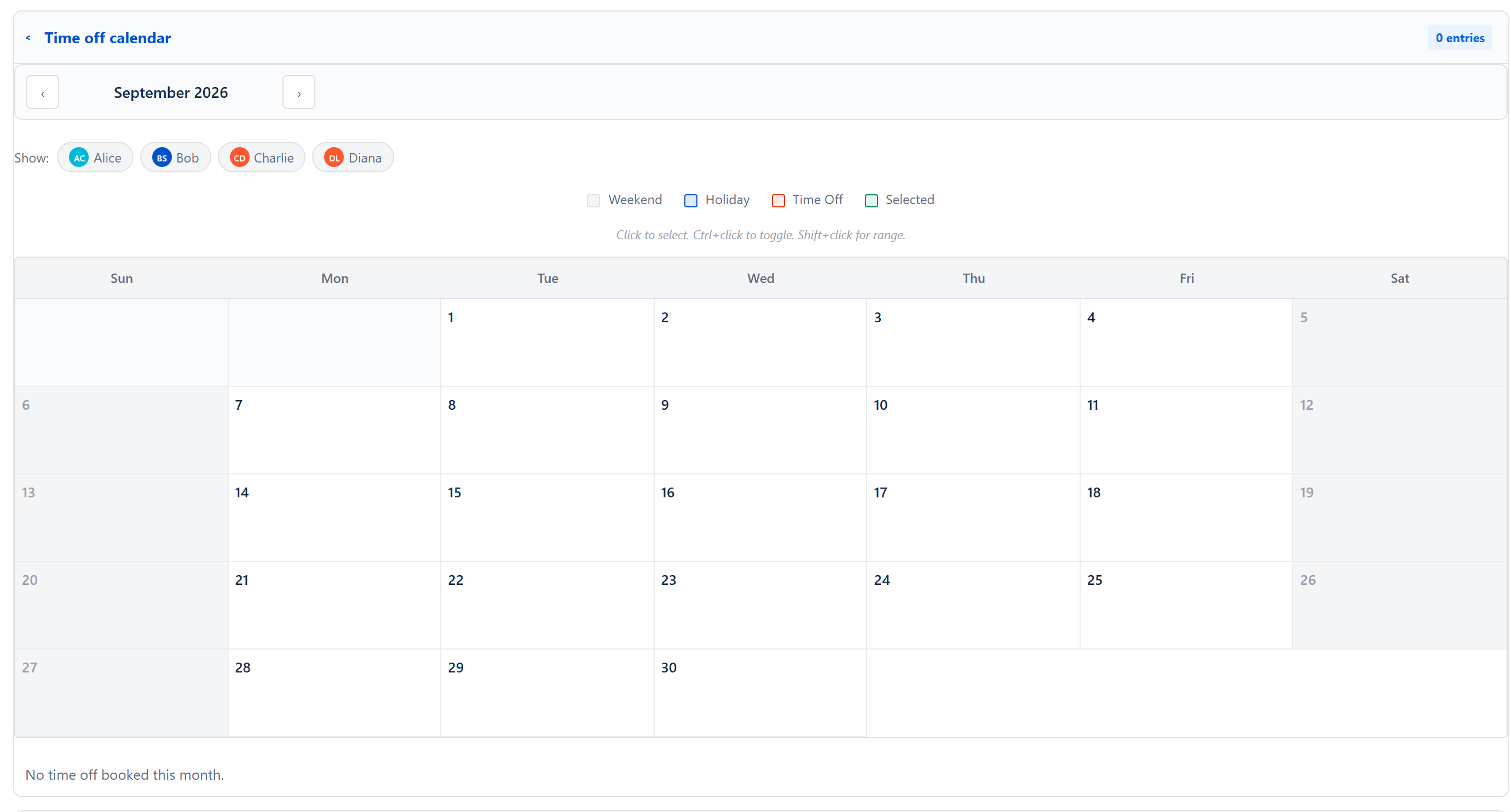 Time off calendar with its entry count in the header, member chips, the four-colour day legend (weekend / holiday / time off / selected), and the click-to-select day grid