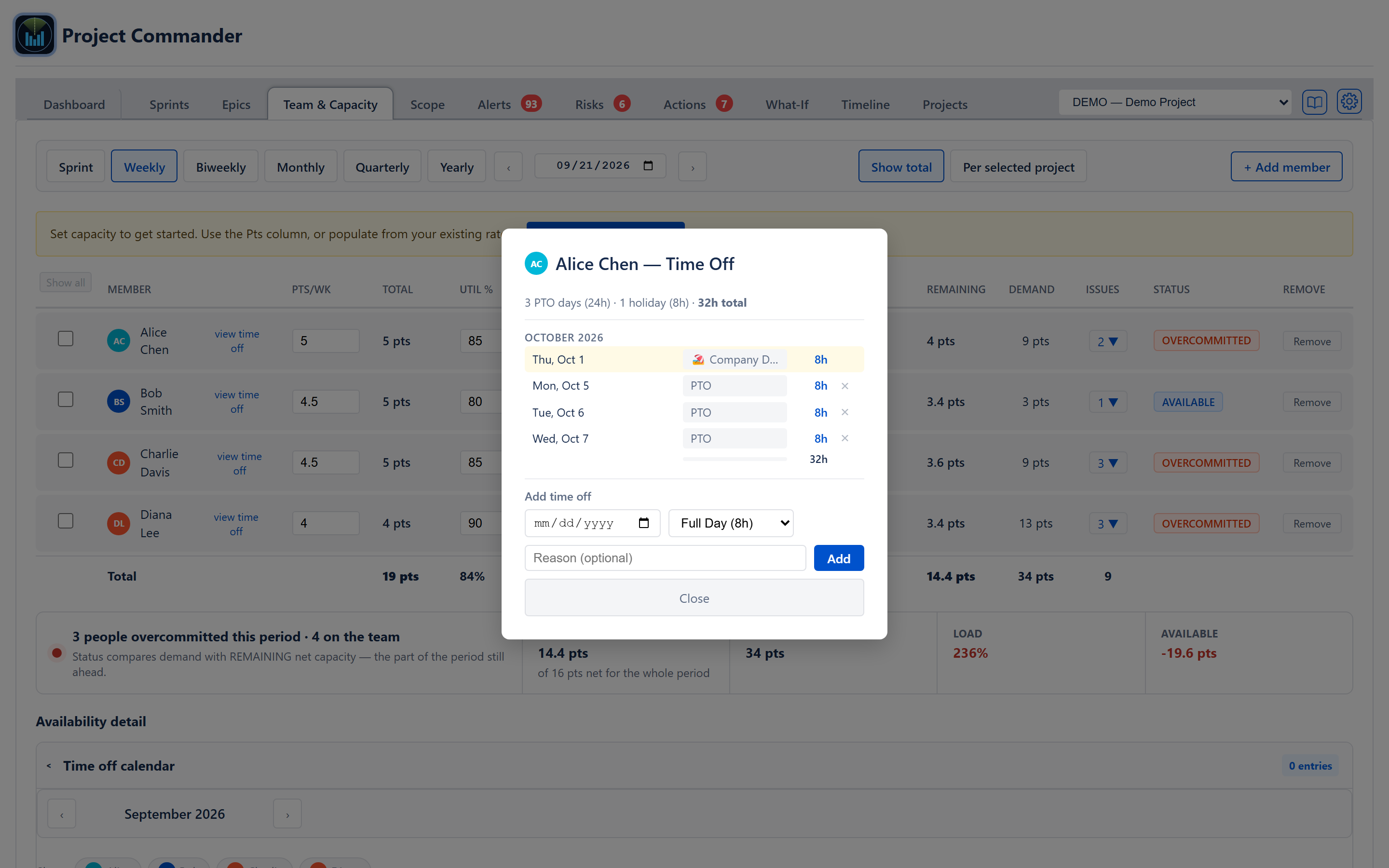 Per-member Time Off modal opened from