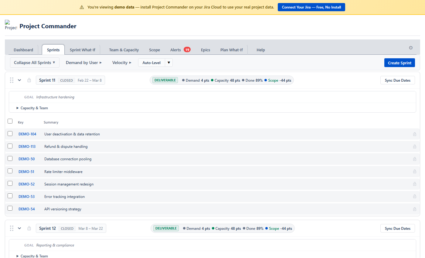 Sprints: Expanded sprint detail with issues table, sprint goal, and capacity